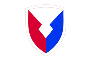 A shield with a blue, red, and white design.