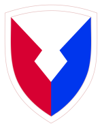 A shield with a blue, red, and white design.